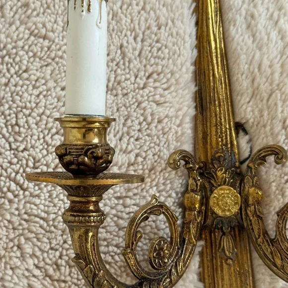 Vintage Louis xvi ribbon bow gold gilded double arm electric candle wall sconce